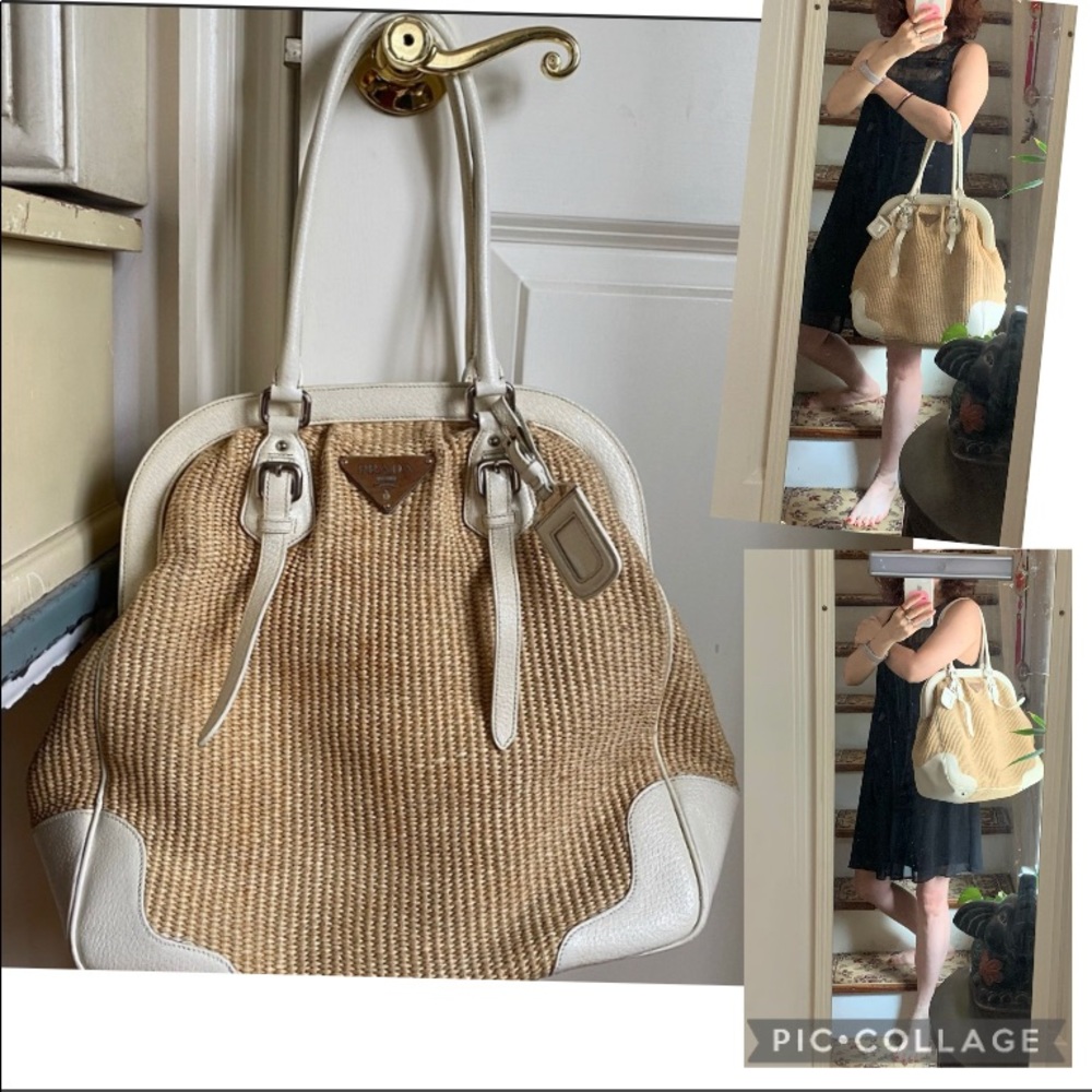 Authentic Prada shoulder woven & leather trim bag